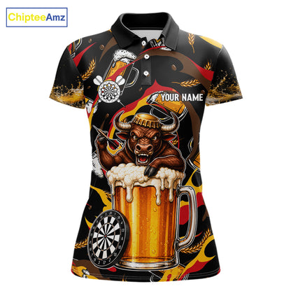 Angry Bull Beer women's dart polo shirt personalized dart jersey, custom dart team uniform, tournament dart shirt