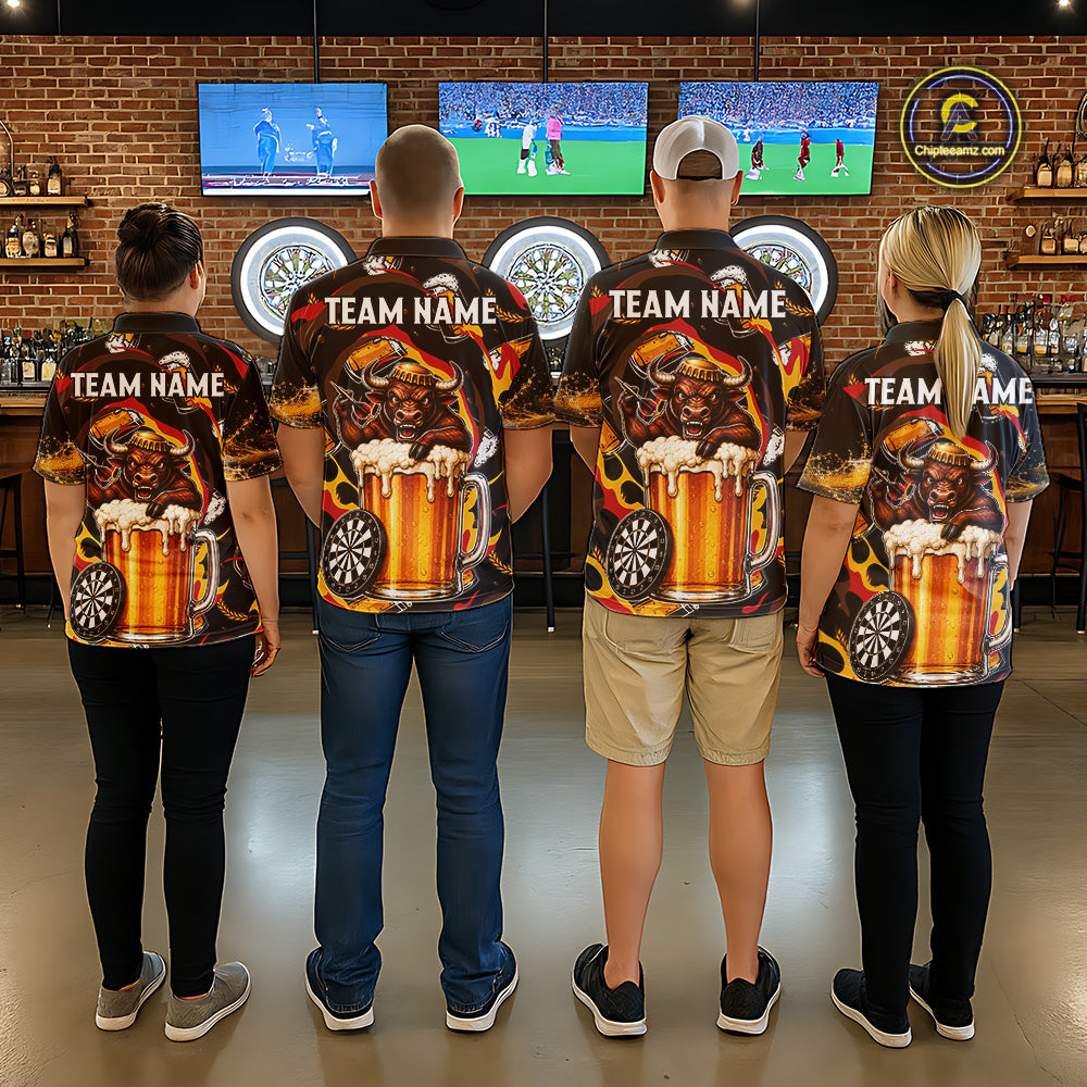 Men women dart team wearing Angry Bull Beer custom dart uniforms for competitive tournaments