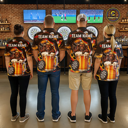 Men women dart team wearing Angry Bull Beer custom dart uniforms for competitive tournaments