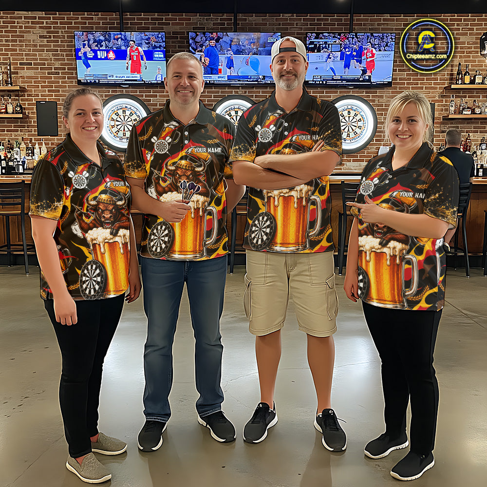 Men women dart team wearing Angry Bull Beer custom dart uniforms for competitive tournaments