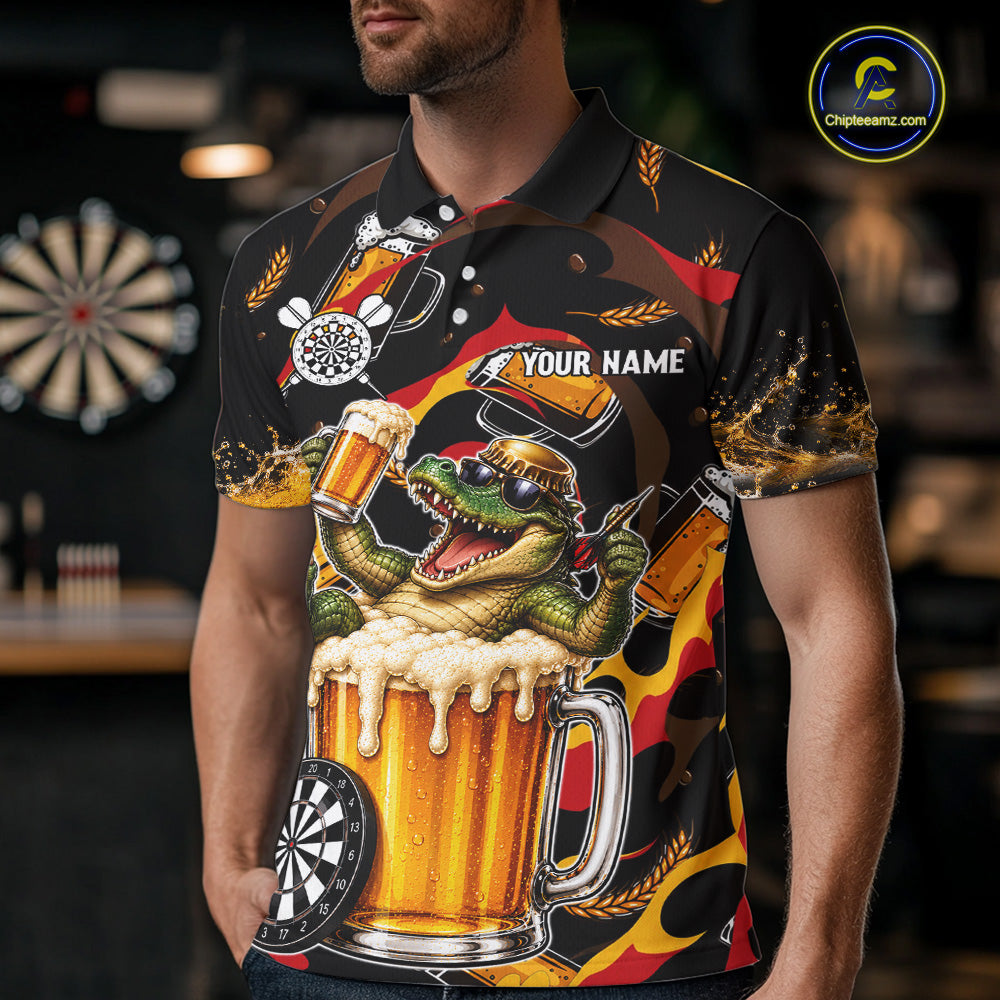 Male dart player wearing Alligator Beer personalized dart shirt, tournament dart apparel and league uniform