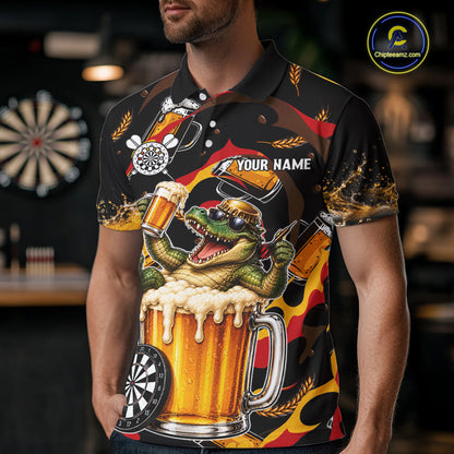 Male dart player wearing Alligator Beer personalized dart shirt, tournament dart apparel and league uniform