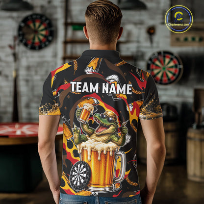 Male dart player wearing Alligator Beer personalized dart shirt, tournament dart apparel and league uniform