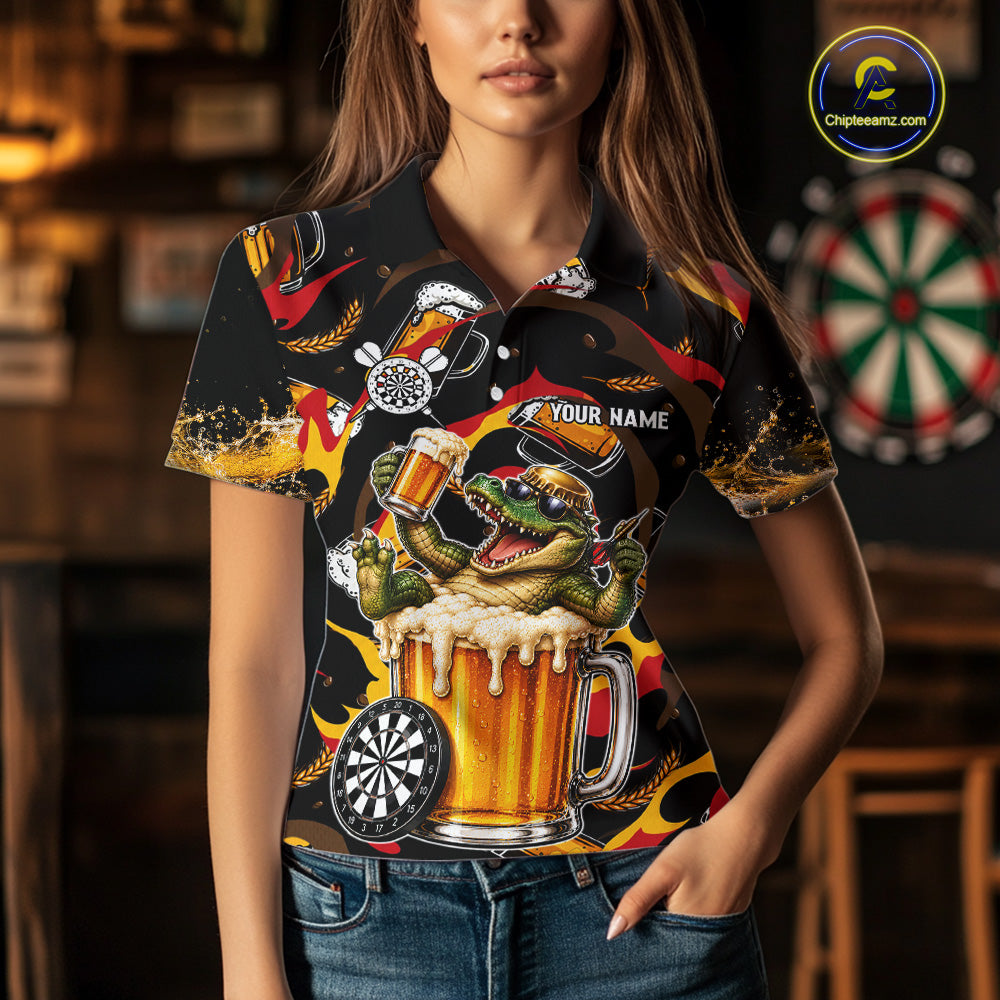 Female dart player wearing Alligator Beer personalized dart shirt, tournament dart apparel