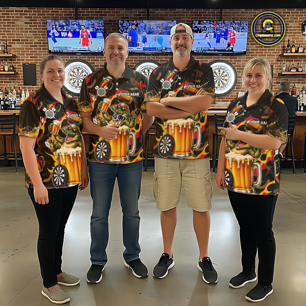 Men women dart team wearing Alligator Beer professional dart jerseys for league and tournament events