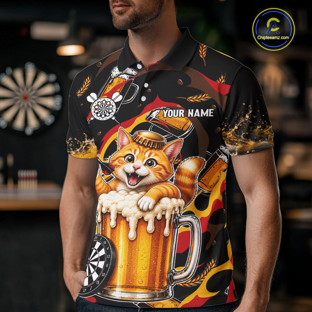 Male dart player wearing Cool Cat Beer dart team uniform at dart league tournament and club competition