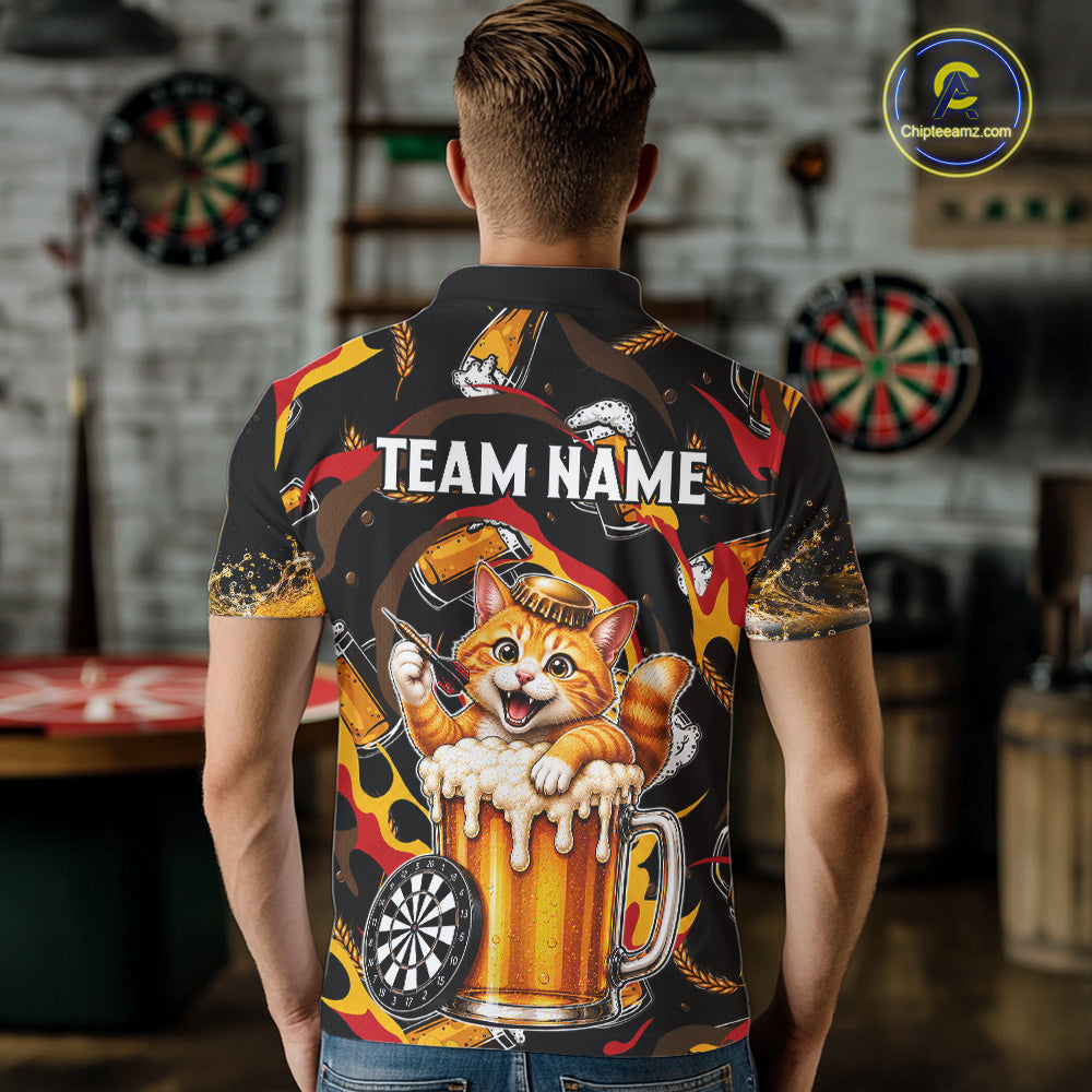 Male dart player wearing Cool Cat Beer dart team uniform at dart league tournament and club competition