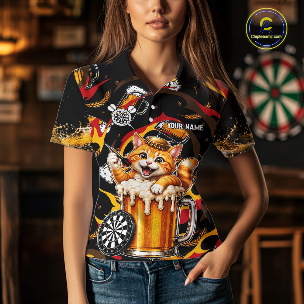 Female dart player wearing Cool Cat Beer dart team uniform at league tournament