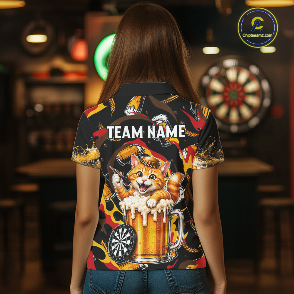 Female dart player wearing Cool Cat Beer dart team uniform at league tournament