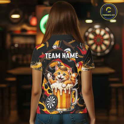Female dart player wearing Cool Cat Beer dart team uniform at league tournament