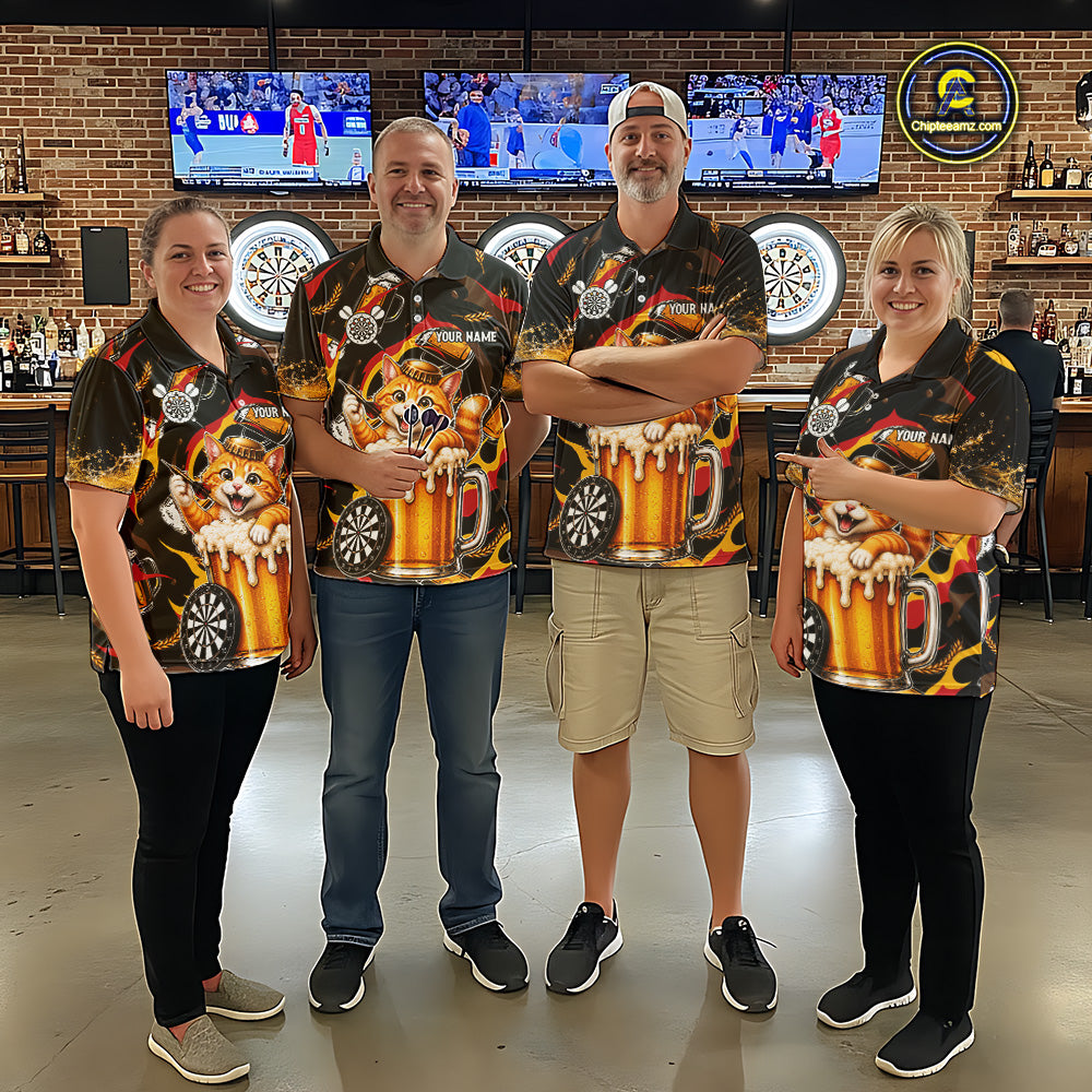 Men women dart team wearing Cool Cat Beer personalized dart jerseys during league competition