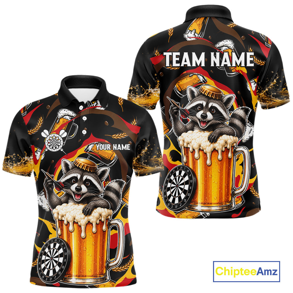 Raccoon Beer men's dart polo shirt personalized dart team uniform, custom name dart jersey, tournament apparel