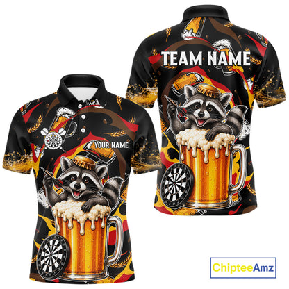 Raccoon Beer men's dart polo shirt personalized dart team uniform, custom name dart jersey, tournament apparel