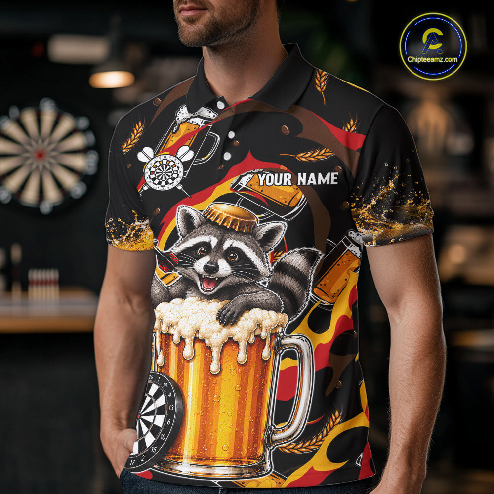 Male dart player wearing Raccoon Beer custom dart jersey during dart match and tournament event