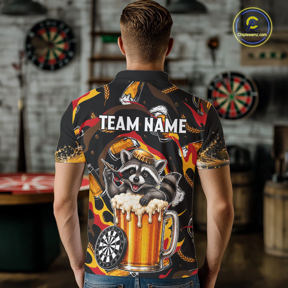 Male dart player wearing Raccoon Beer custom dart jersey during dart match and tournament event