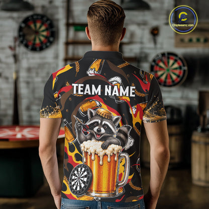 Male dart player wearing Raccoon Beer custom dart jersey during dart match and tournament event