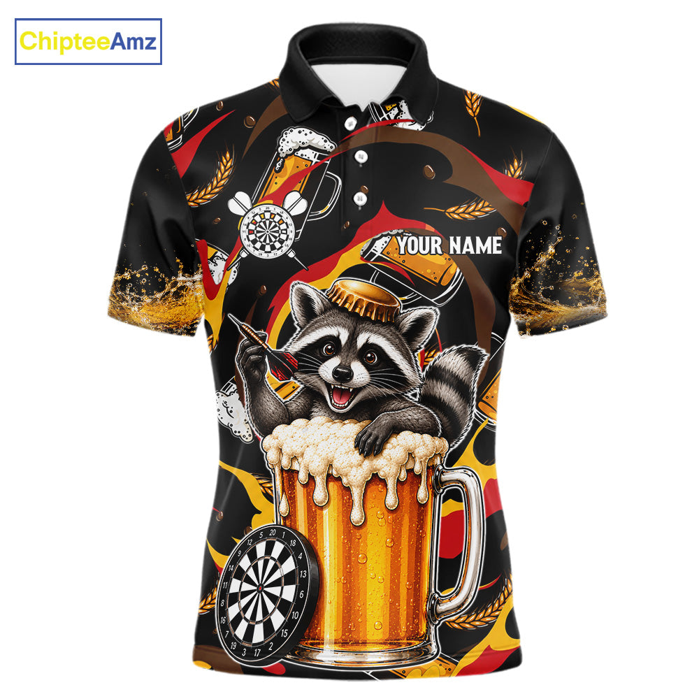 Raccoon Beer men's dart polo shirt personalized dart team uniform, custom name dart jersey, tournament apparel