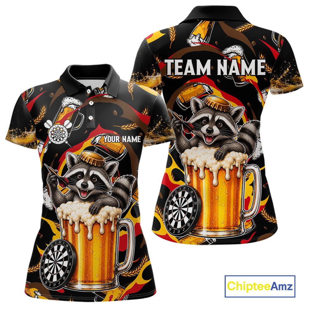 Raccoon Beer women's dart polo shirt personalized dart team uniform, custom name dart jersey, tournament apparel