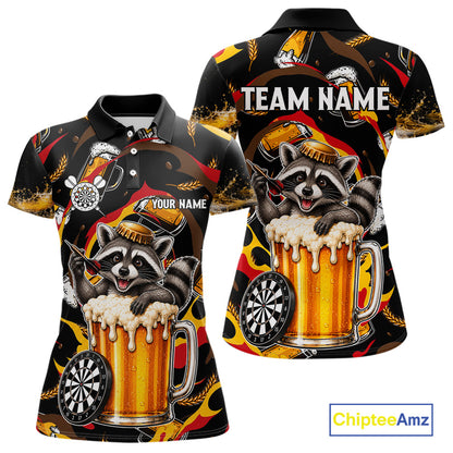 Raccoon Beer women's dart polo shirt personalized dart team uniform, custom name dart jersey, tournament apparel