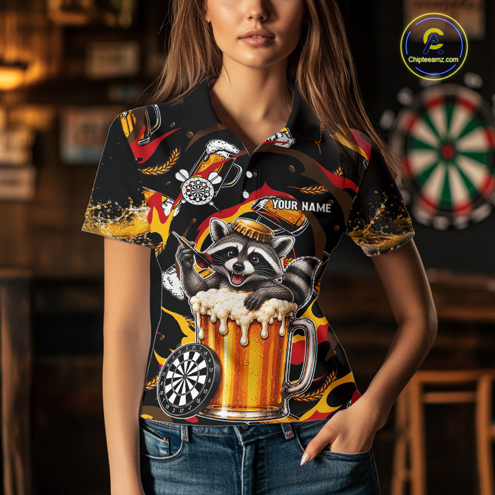 Female dart player wearing Raccoon Beer custom dart jersey during dart match