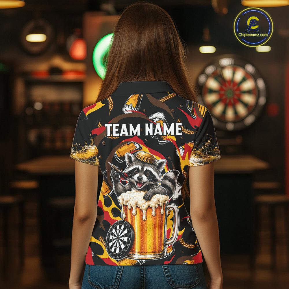Female dart player wearing Raccoon Beer custom dart jersey during dart match