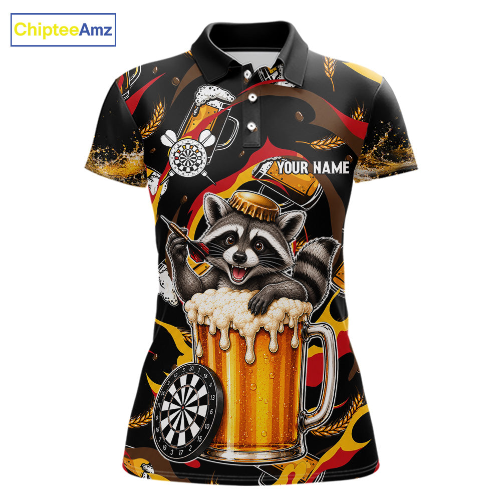 Raccoon Beer women's dart polo shirt personalized dart team uniform, custom name dart jersey, tournament apparel