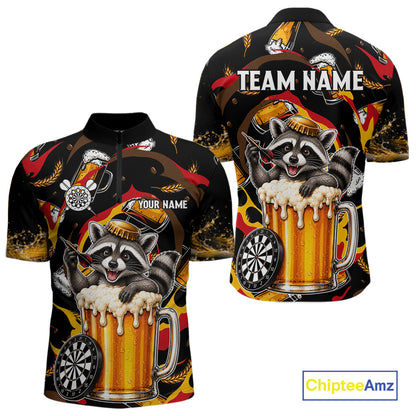 Raccoon Beer men's quarter zip dart jersey custom dart tournament apparel, personalized dart uniform