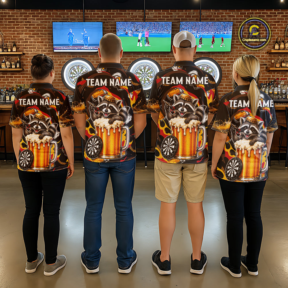 Men women dart team wearing Raccoon Beer custom dart team uniforms and tournament apparel