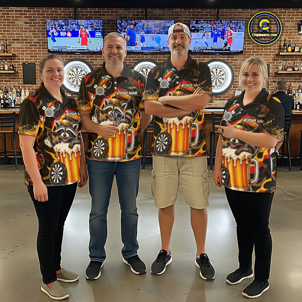 Men women dart team wearing Raccoon Beer custom dart team uniforms and tournament apparel