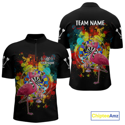 Custom Funny Colorful Crown Flamingo Men Darts Quarter-Zip League Shirts Splatter Dart Jerseys NYN2209