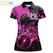 Load image into Gallery viewer, Black and Pink Splatter Galaxy women's bowling polo shirt custom bowling team jersey, ladies bowling uniform, personalized bowling apparel