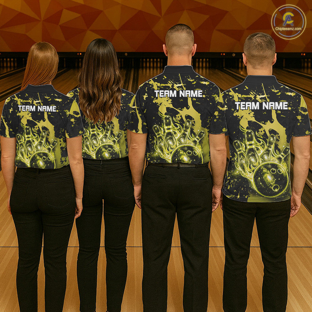 Men women bowling team wearing Black and Yellow Galaxy custom bowling jerseys for tournaments and league play