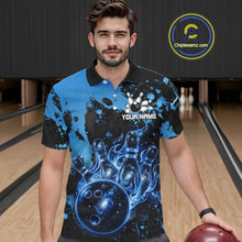 Load image into Gallery viewer, Male bowler wearing Black and Blue Galaxy bowling shirt during professional bowling competition