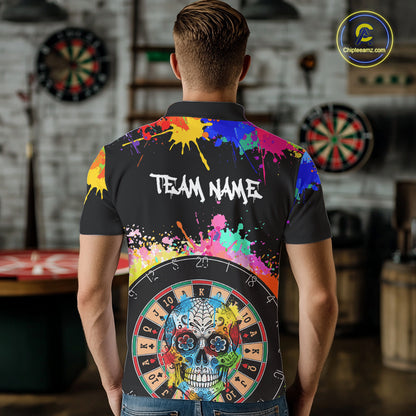 Custom Colorful Splatter Skull Dartboard Men Darts Polo Team Shirts Dart Jerseys | Black NYN2212