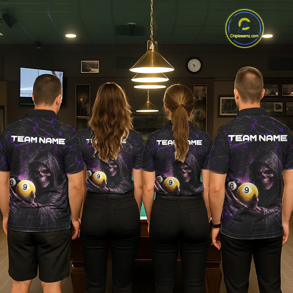 Purple Grunge Grim Reaper Hold 8 Ball & 9 Ball Pool Women Billiard Shirt Custom Billiard Team Attire NYN2702