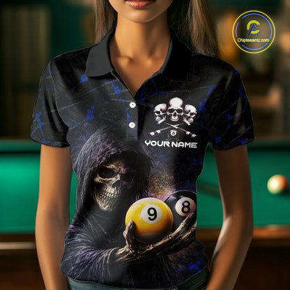 Blue Grunge Grim Reaper Hold 8 Ball & 9 Ball Pool Women Billiard Shirt Custom Billiard Team Attire NYN2703