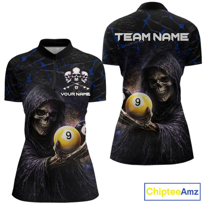 Blue Grunge Grim Reaper Hold 8 Ball & 9 Ball Pool Women Billiard Shirt Custom Billiard Team Attire NYN2703