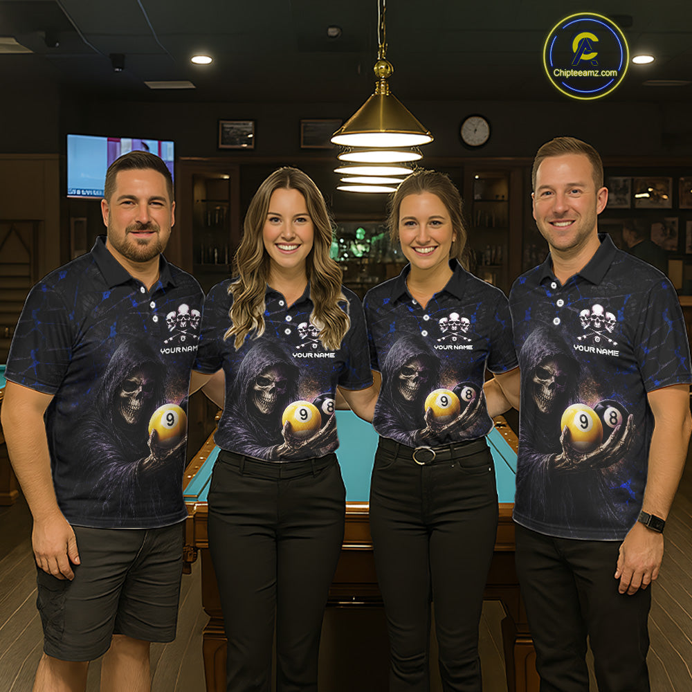 Blue Grunge Grim Reaper Hold 8 Ball & 9 Ball Pool Men Billiard Shirt Custom Billiard Team Attire NYN2703