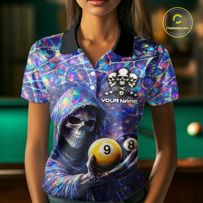Holographic Grunge Grim Reaper Hold 8 Ball 9 Ball Pool Women Billiard Shirt Custom Billiard Team Attire NYN2704