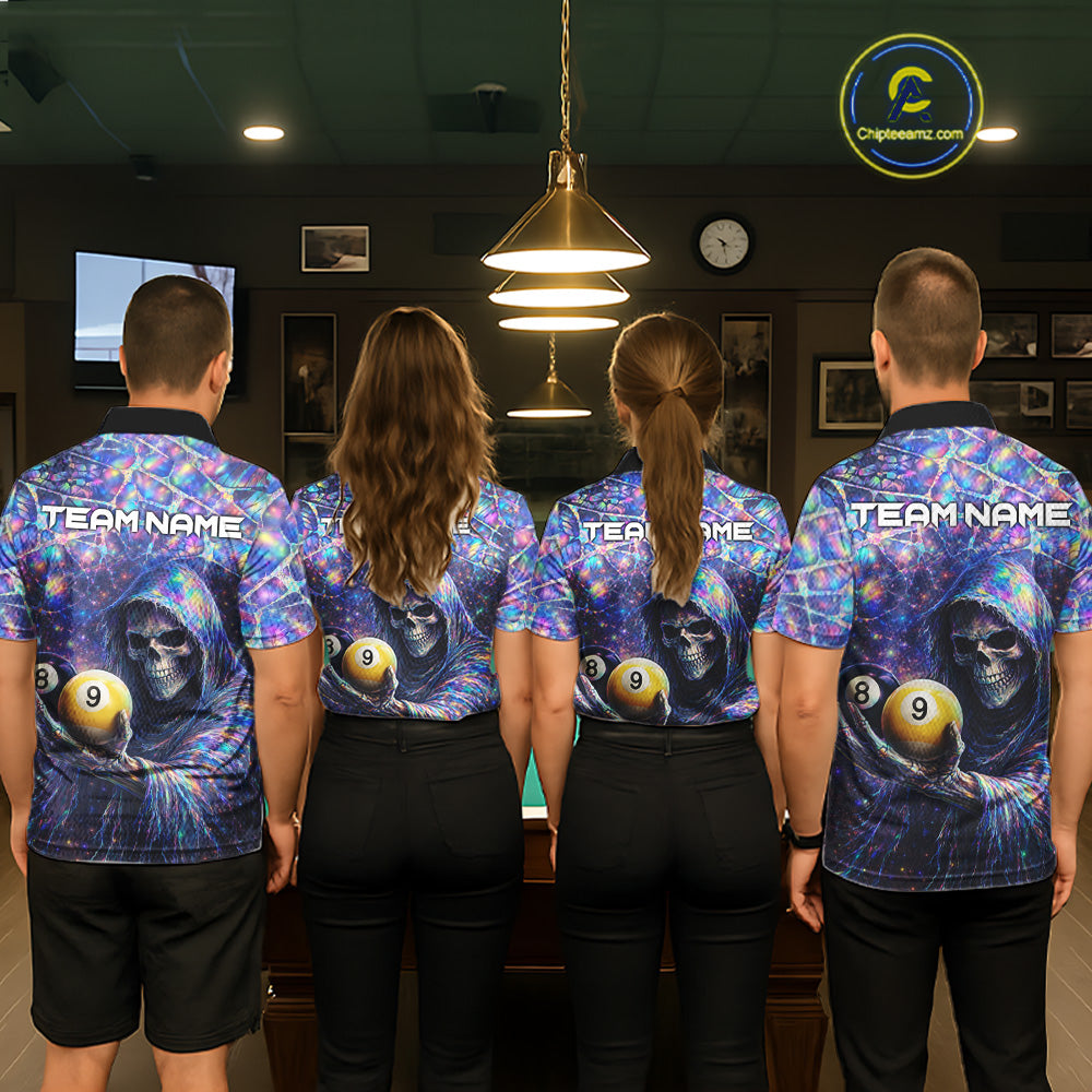 Holographic Grunge Grim Reaper Hold 8 Ball 9 Ball Pool Men Billiard Shirt Custom Billiard Team Attire NYN2704
