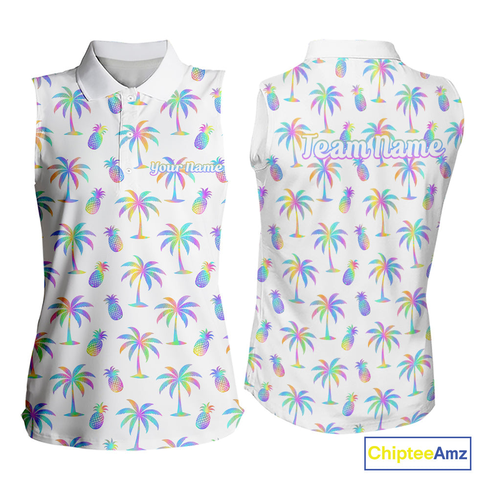 Personalized Tropical Palm Trees Pineapple Women Golf Sleeveless Polo Shirts Holographic Team Golf Clothes NYN2862