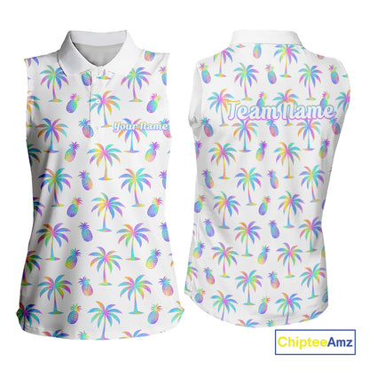 Personalized Tropical Palm Trees Pineapple Women Golf Sleeveless Polo Shirts Holographic Team Golf Clothes NYN2862