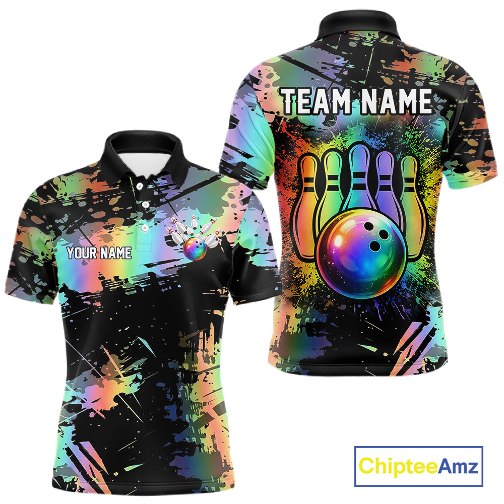 Custom Rainbow Holographic Splatter Bowling Shirts For Men, Colorful Bowling Pin And Ball Jersey NYN3072