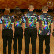 Load image into Gallery viewer, Custom Rainbow Holographic Splatter Bowling Shirts For Men, Colorful Bowling Pin And Ball Jersey NYN3072