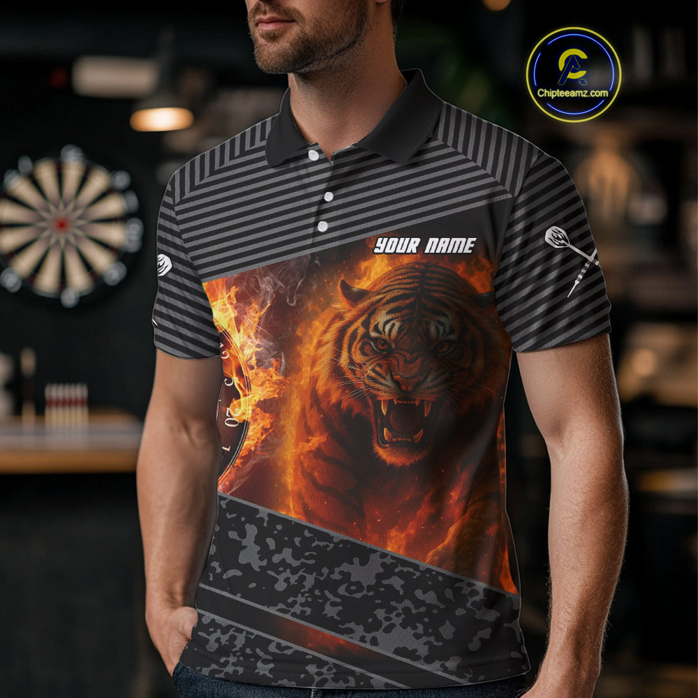 Custom Men's Darts Shirts With Fiery Tiger & Flaming Dartboard, Darts Jersey NYN0299