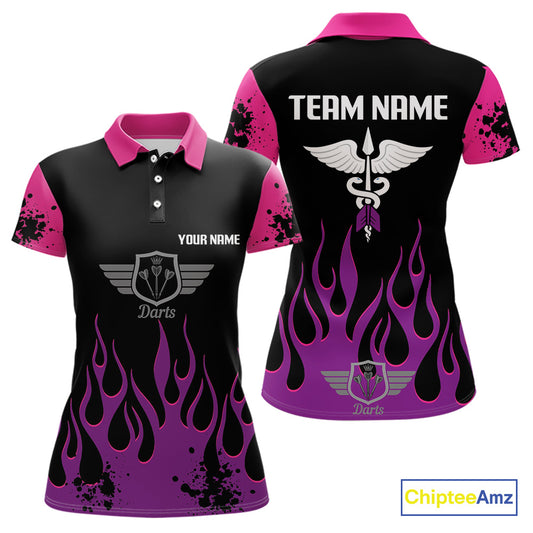 Purple Flaming & Wings Dart Arrow Women's Pink Darts Shirt - Custom Name For Players NYN0565