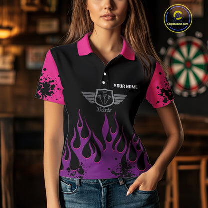 Purple Flaming & Wings Dart Arrow Women's Pink Darts Shirt - Custom Name For Players NYN0565