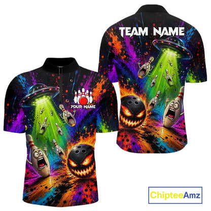 Galaxy UFO Alien Quarter-Zip Bowling Jersey featuring personalized player name, custom tournament apparel, breathable athletic sportswear, cosmic theme, esports-inspired clothing.