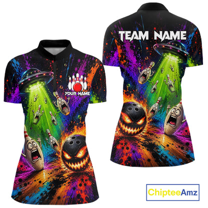 Colorful Splatter UFO Alien Quarter-Zip Bowling Shirt featuring personalized team graphics, quick-dry performance fabric, galaxy artwork, alien mascot, custom bowling league apparel.