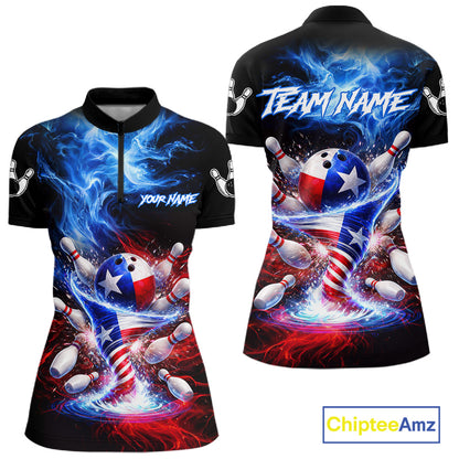 Personalized Fire Flame Texas Flag Tornado Bowling Team Shirts For Women Patriotic Bowling Gifts NYN2722